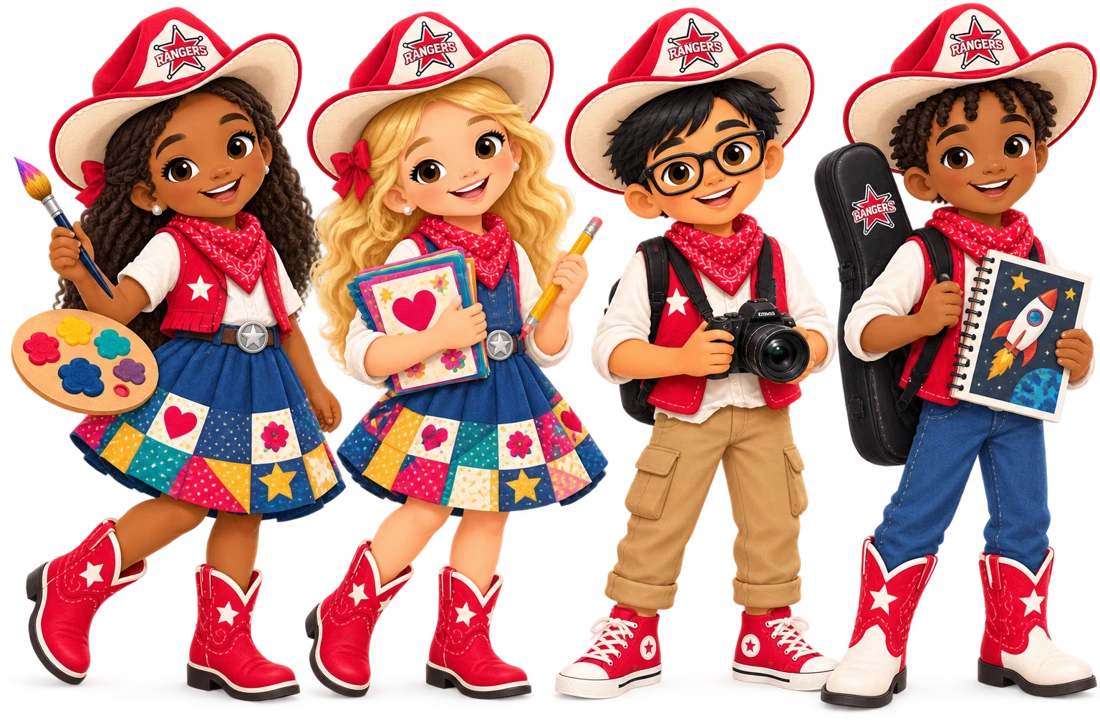 Four smiling Rice Rangers students in red cowboy hats holding a paintbrush and palette, a sketchbook and pencil, a camera, and a rocket drawing